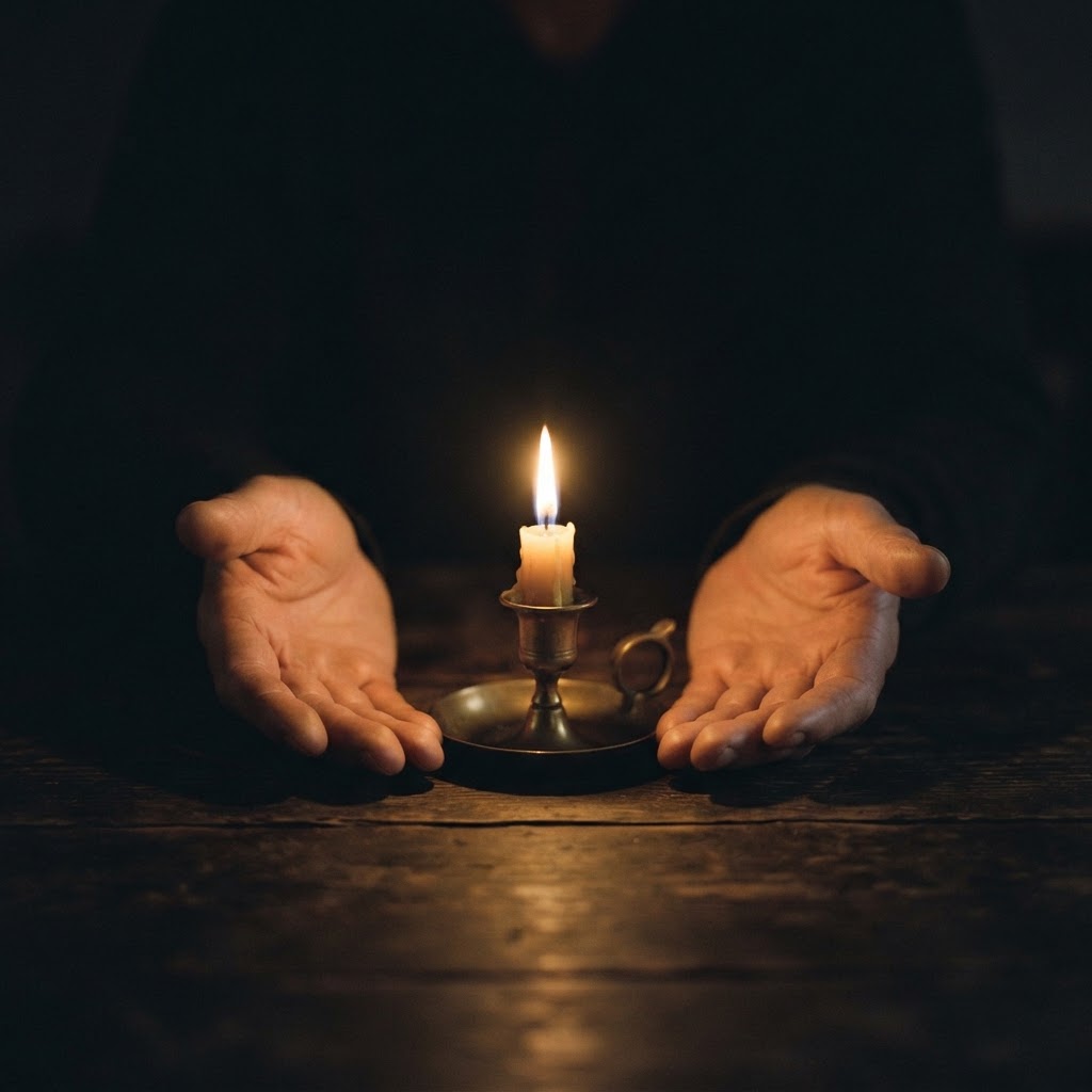 A single lit candle held by hands in a quiet, darkened room