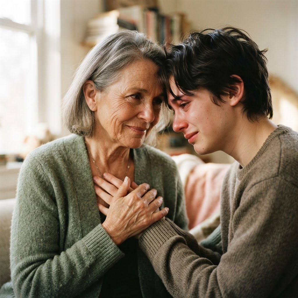 Two faces close together in a shared moment of grief and comfort — a companion holding a grieving person's hand