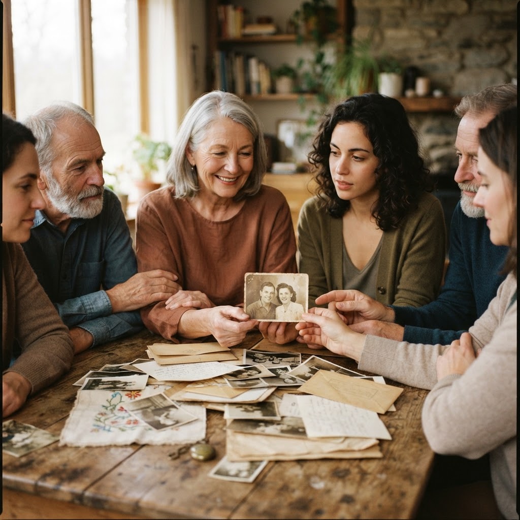 A small workshop group gathered around a wooden table sharing photographs and keepsakes