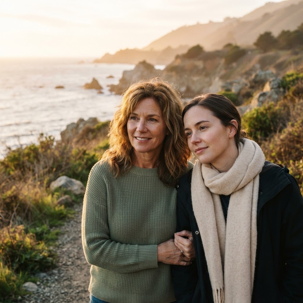 Close-up of a grief companion and a grieving person walking together, both faces visible at golden hour