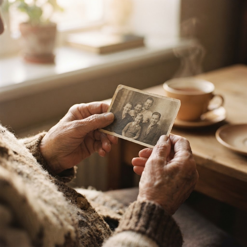 Hands gently holding an old family photograph in warm window light