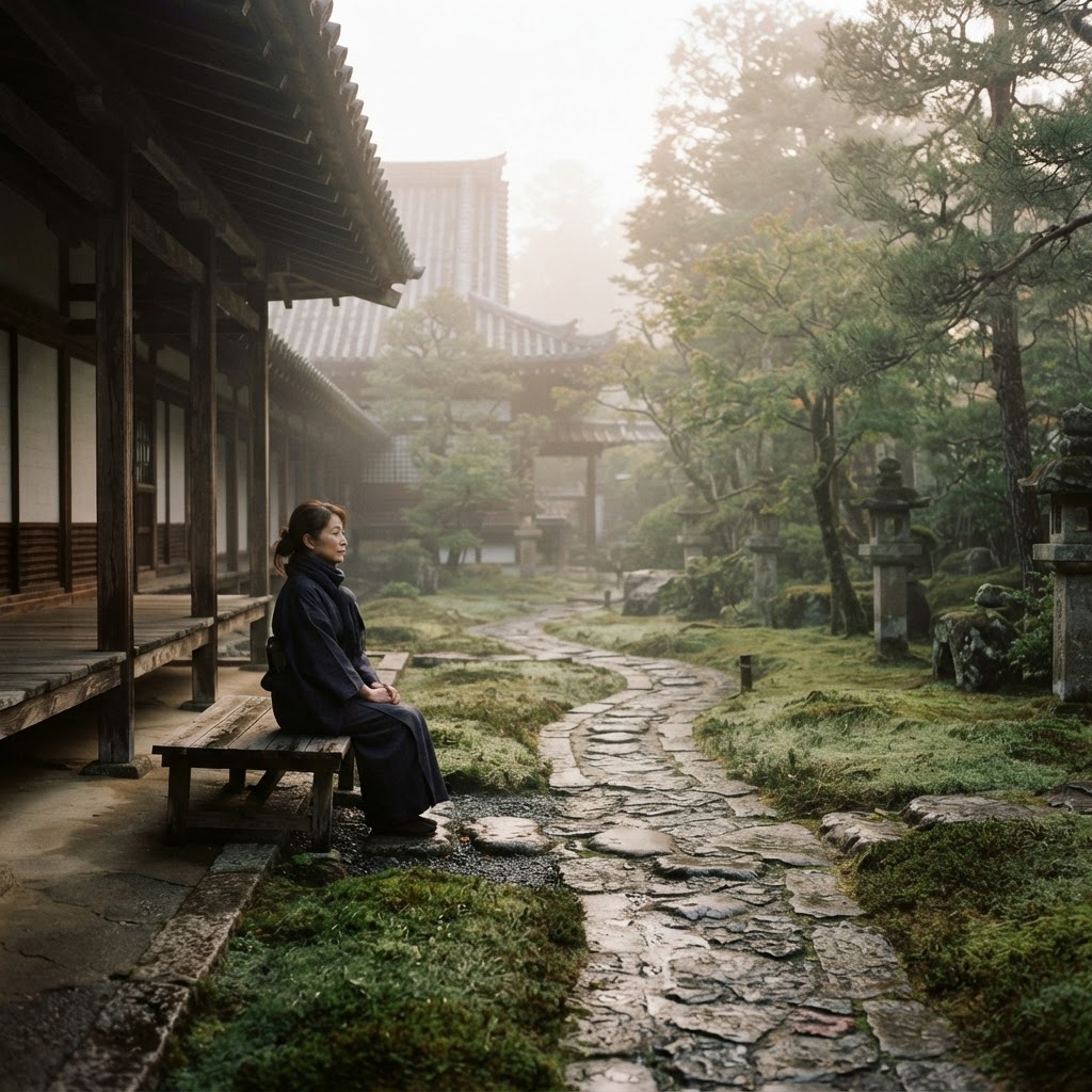 A quiet Japanese temple garden at dawn