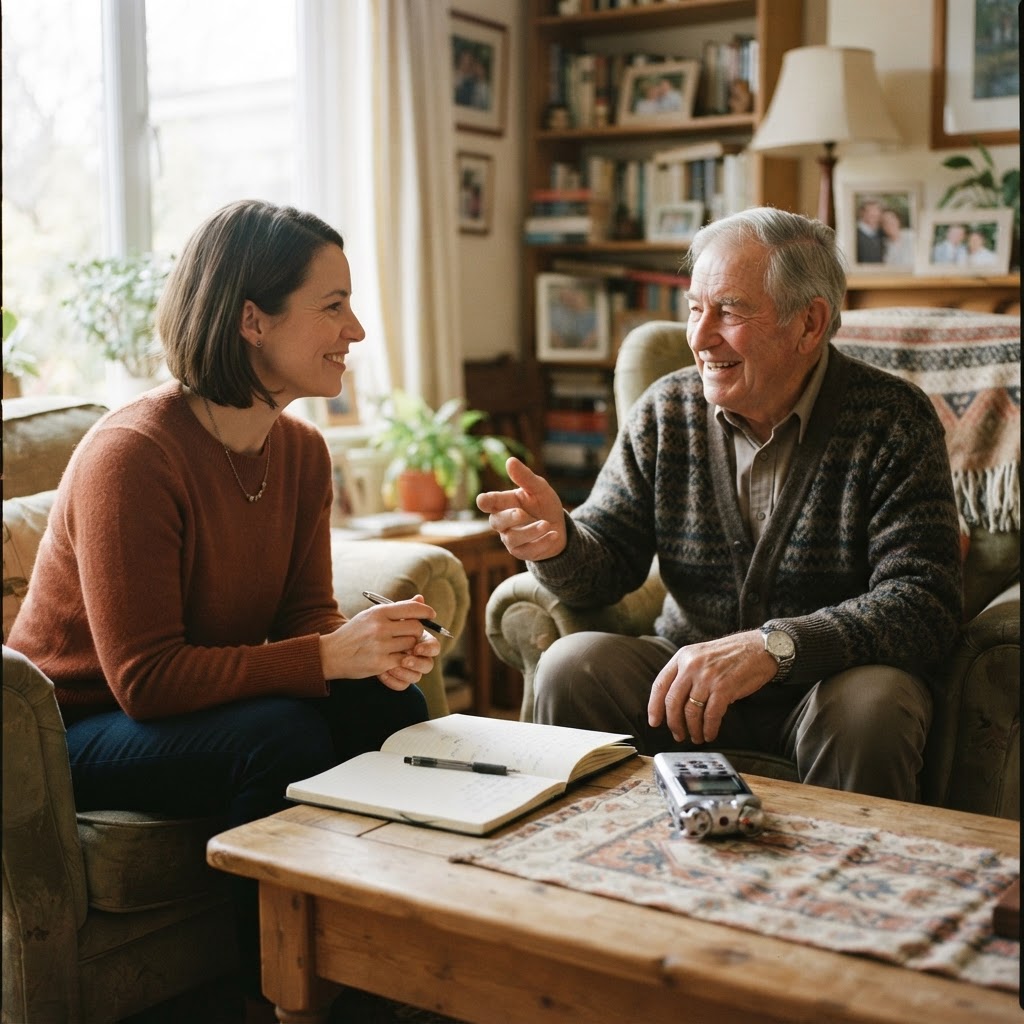 A compassionate interviewer recording an older person's story with a notebook and audio recorder