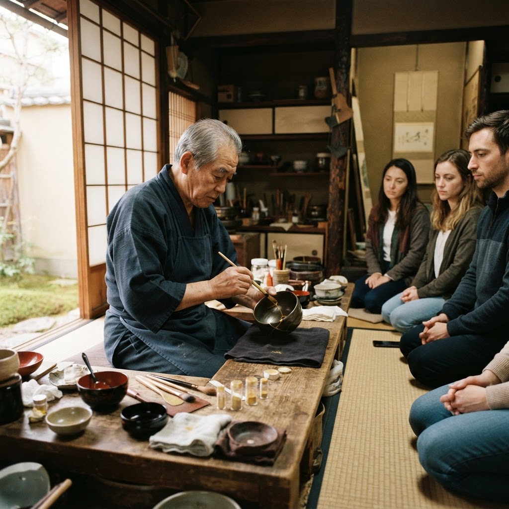 Kintsugi master demonstrating mending in a Kyoto studio to small group
