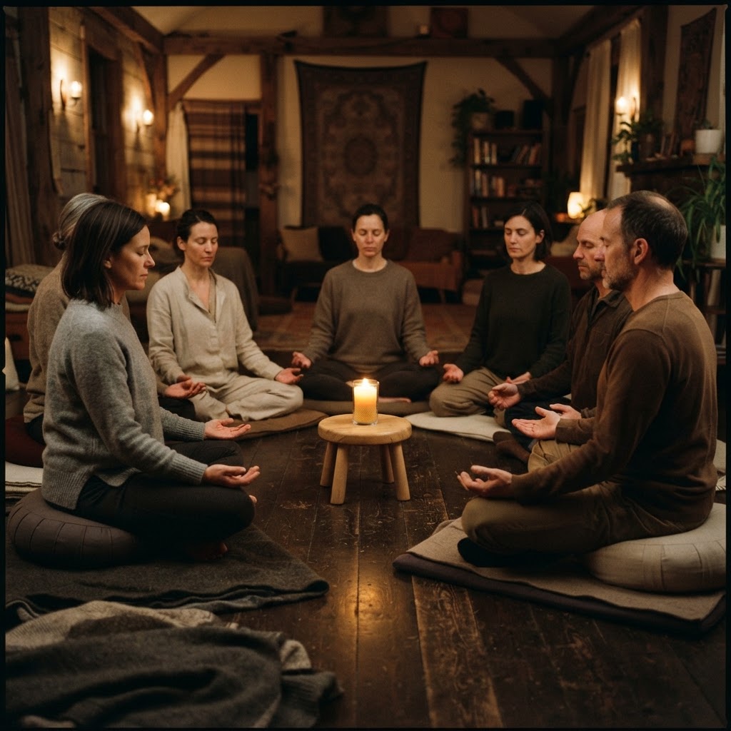 A small group seated together in a chapel for Scripture meditation and prayer in a softly lit sanctuary