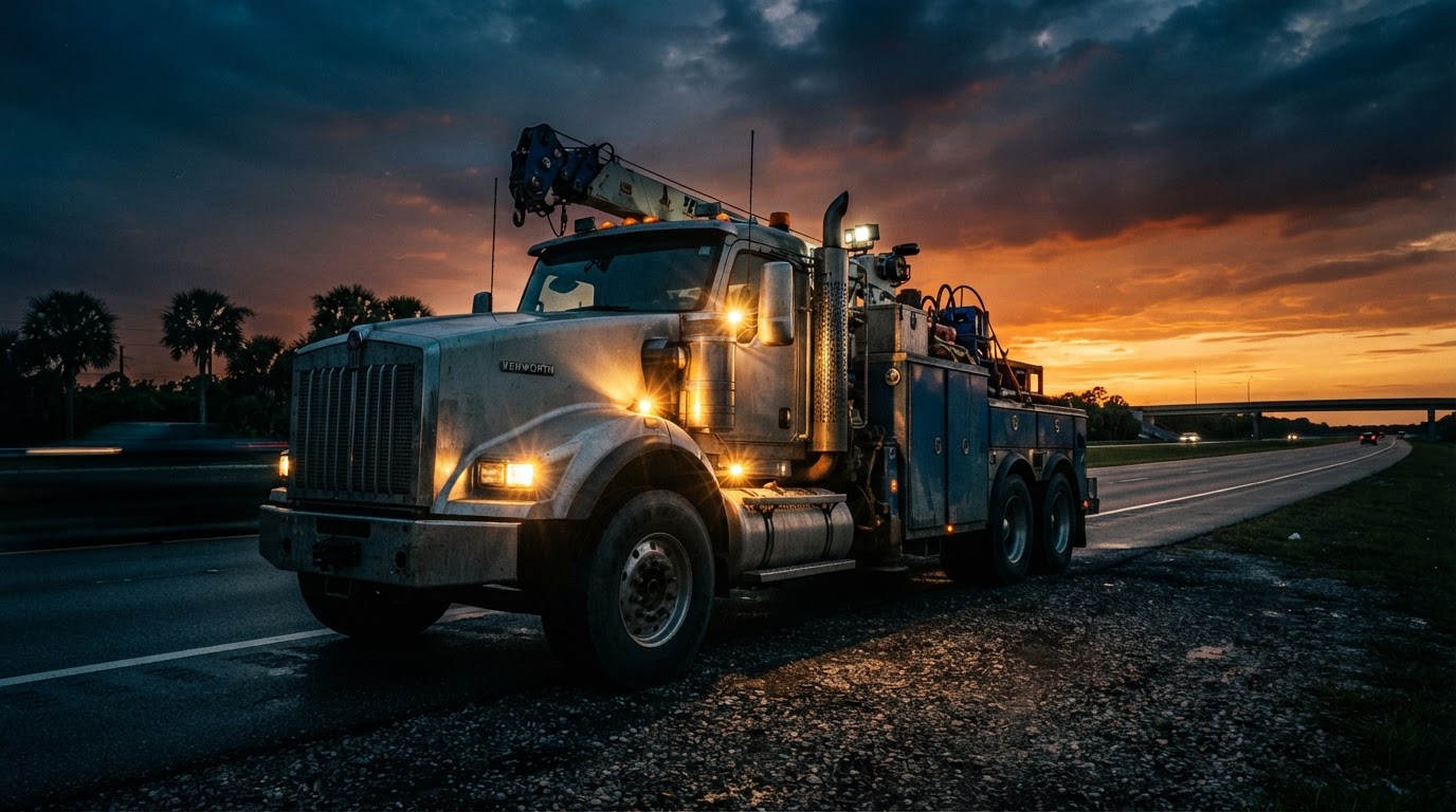 Heavy-duty service truck on Florida highway at twilight