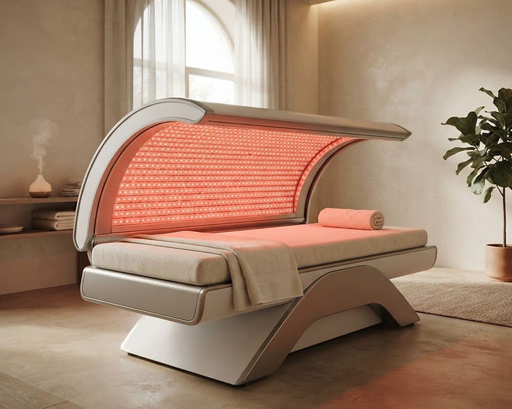 Editorial illustration of a full-body LED treatment bed; equipment may vary