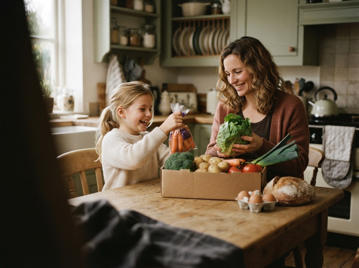 A smiling mother and daughter unpack fresh food together, an illustration of the warmth community support can bring.