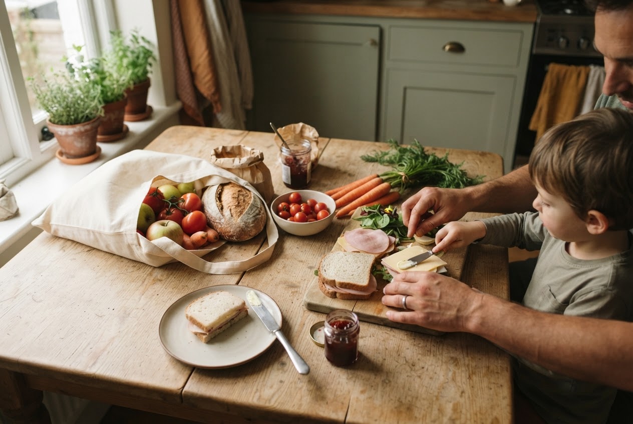 A parent and child preparing a fresh summer lunch together, sharing a hopeful everyday moment.