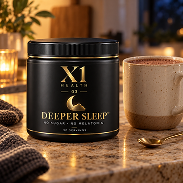 X1 Health Deeper Sleep tub on a granite countertop beside a ceramic mug of chocolate drink and a gold spoon in a warm evening kitchen