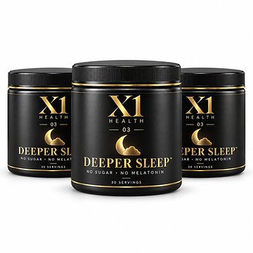 Three X1 Health Deeper Sleep black and gold tubs arranged in a gentle arc on a pure white background
