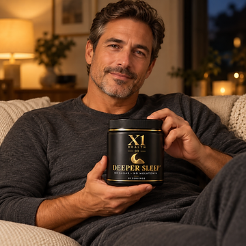 Man in charcoal lounge clothing holding an X1 Health Deeper Sleep tub on a beige sofa in a warmly lit living room