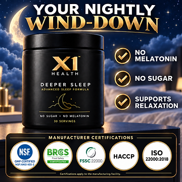 Deeper Sleep beside a bed under moonlight, with no melatonin, no sugar, relaxation support and manufacturing facility certification badges.