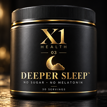 X1 Health Deeper Sleep black and gold tub centered against a dark background with a warm golden glow