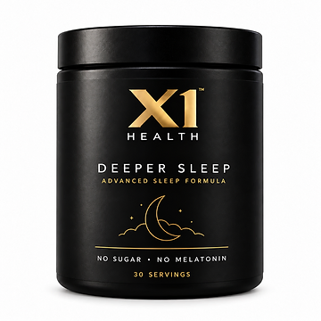 X1 Health Deeper Sleep black and gold tub on white, with no sugar and no melatonin.