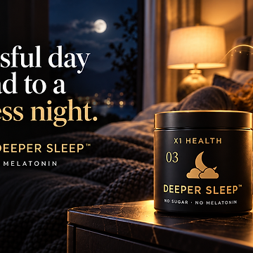 X1 Health Deeper Sleep tub on a dark marble nightstand beside a warm lamp, with a person sleeping in bed and a moonlit city skyline through the window