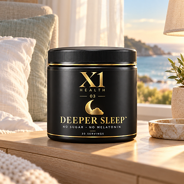 X1 Health Deeper Sleep tub on a light wooden bedside table with a plant and gauzy curtains in a sunlit coastal bedroom