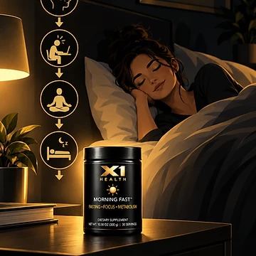 X1 Health Morning Fast black and gold canister with a four-step wind-down illustration from stress to rest, warm golden glow, and pre-order call to action