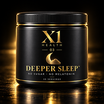 X1 Health Deeper Sleep black and gold tub on a dark reflective surface against a solid black background