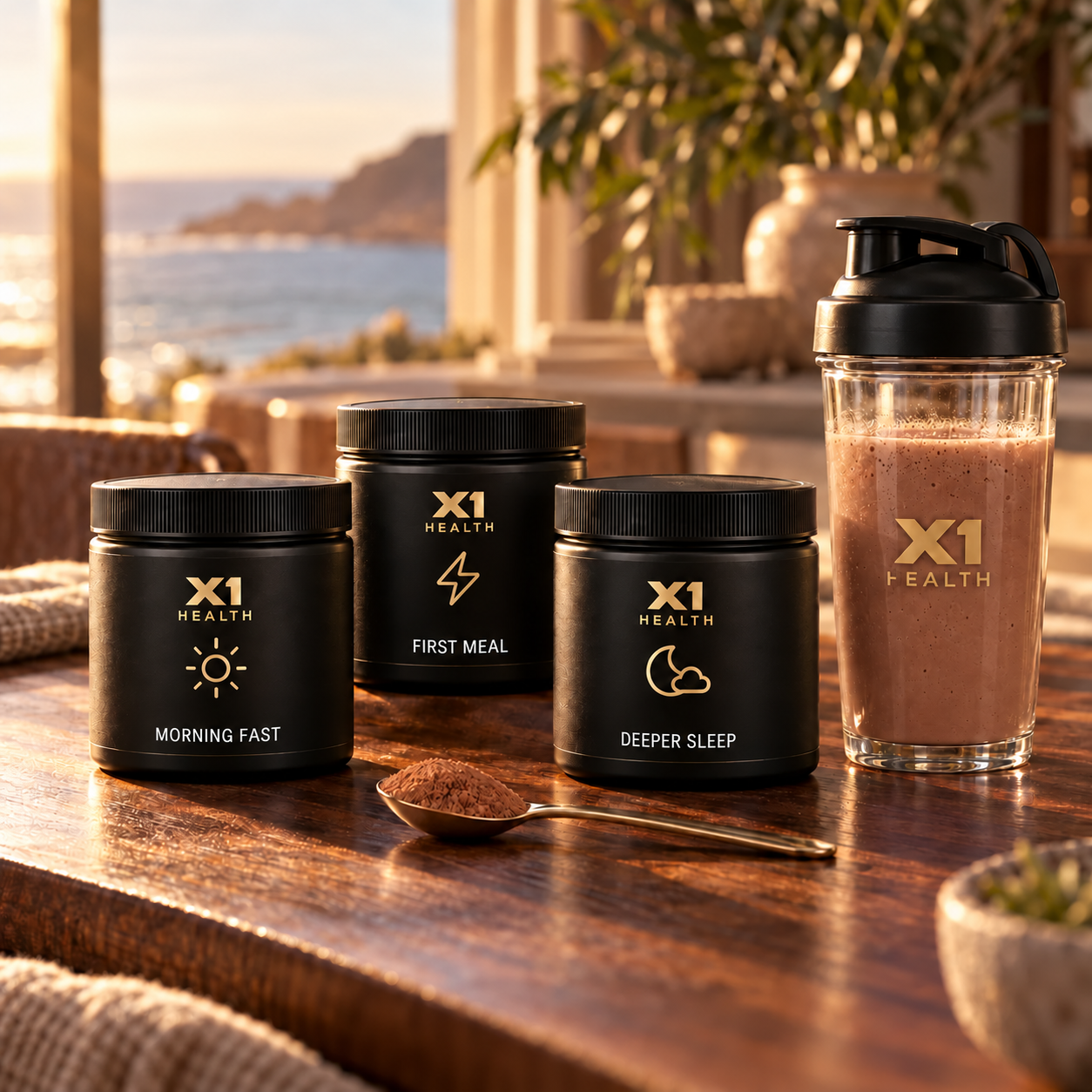 X1 Morning Fast, First Meal, and Deeper Sleep tubs on a table beside a spoonful of chocolate powder and an X1 Health chocolate shake