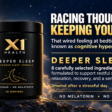 X1 Health Deeper Sleep with a moonlit sky and information about bedtime racing thoughts and relaxation.