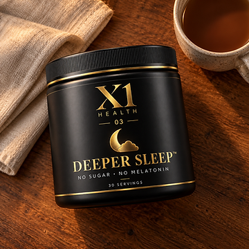 X1 Health Deeper Sleep tub on a dark rustic wooden table beside a folded linen napkin and a ceramic mug of coffee