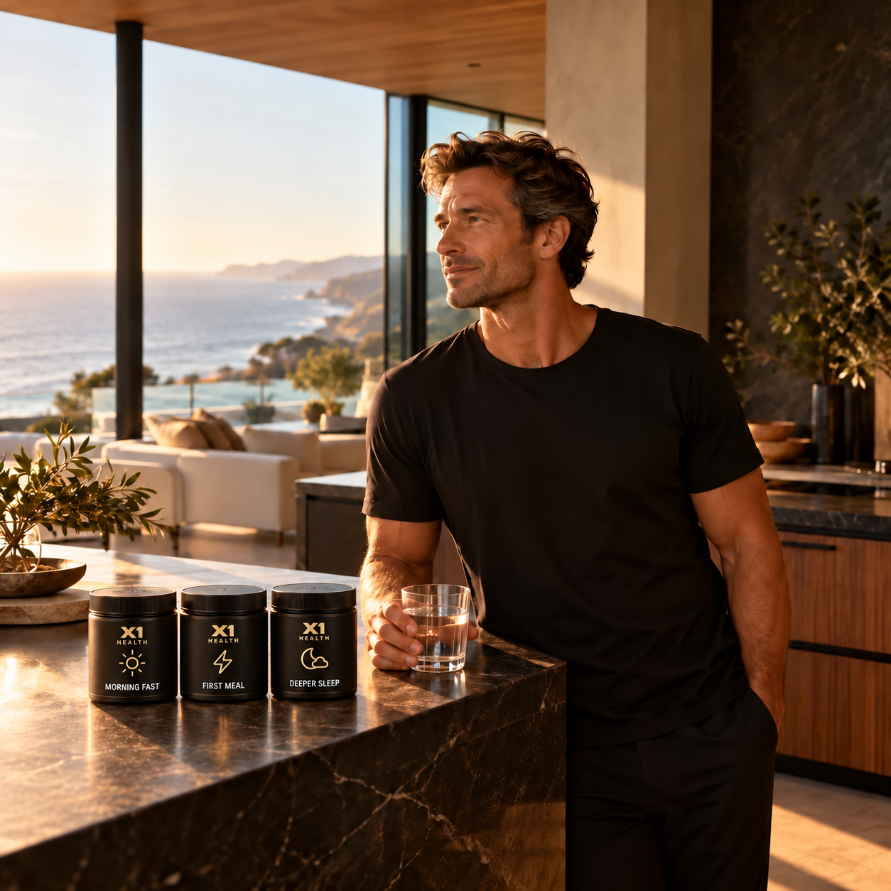 A man enjoying a quiet morning in a coastal home with X1 Morning Fast, First Meal, and Deeper Sleep tubs beside his glass of water