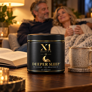 X1 Health Deeper Sleep tub on a dark wood table beside a book and mug, with a couple relaxing on a sofa in a warmly lit living room