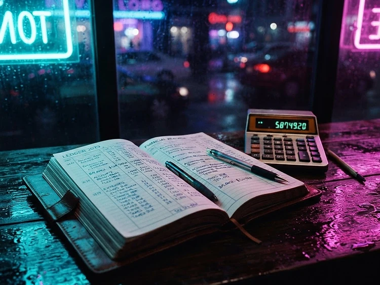 Accounting and bookkeeping with neon lighting