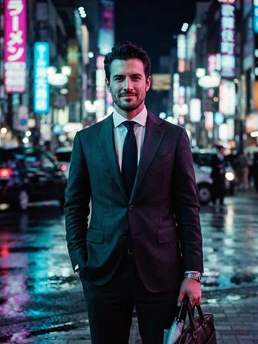 Businessman in suit under neon street glow