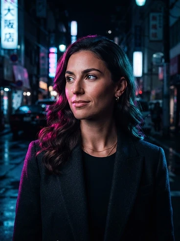 A+ Tax Strategy team member in neon-lit urban setting