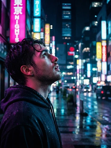 Young professional in hoodie under neon city lights
