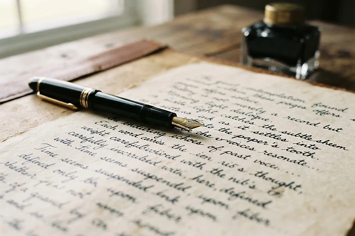 A fountain pen resting on a handwritten manuscript page