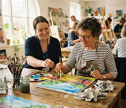 A participant painting at a community art class with her support worker beside her