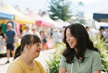 Zahlia, a support worker, laughing over iced coffees with a participant at a local weekend market