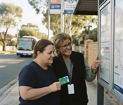 Rebekah, a support worker, helping a participant read a bus timetable