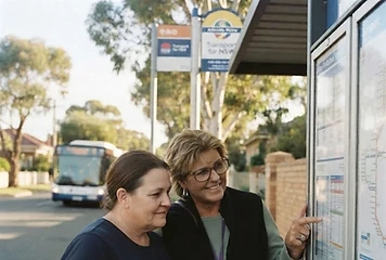 Rebekah, a support worker, helping a participant read a bus timetable at a sunny suburban bus stop