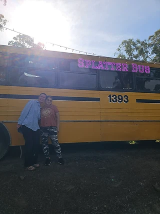 A big hello in front of the Splatter Bus