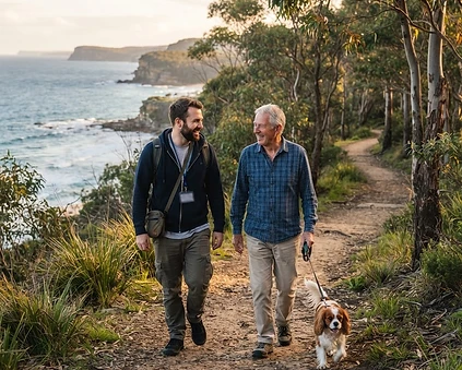 A support worker and participant walking a dog together along a sunny coastal path
