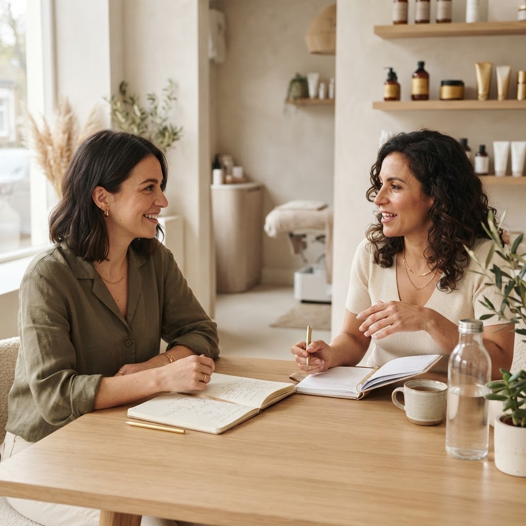 A salon owner and a Kummera adviser talking through the plans