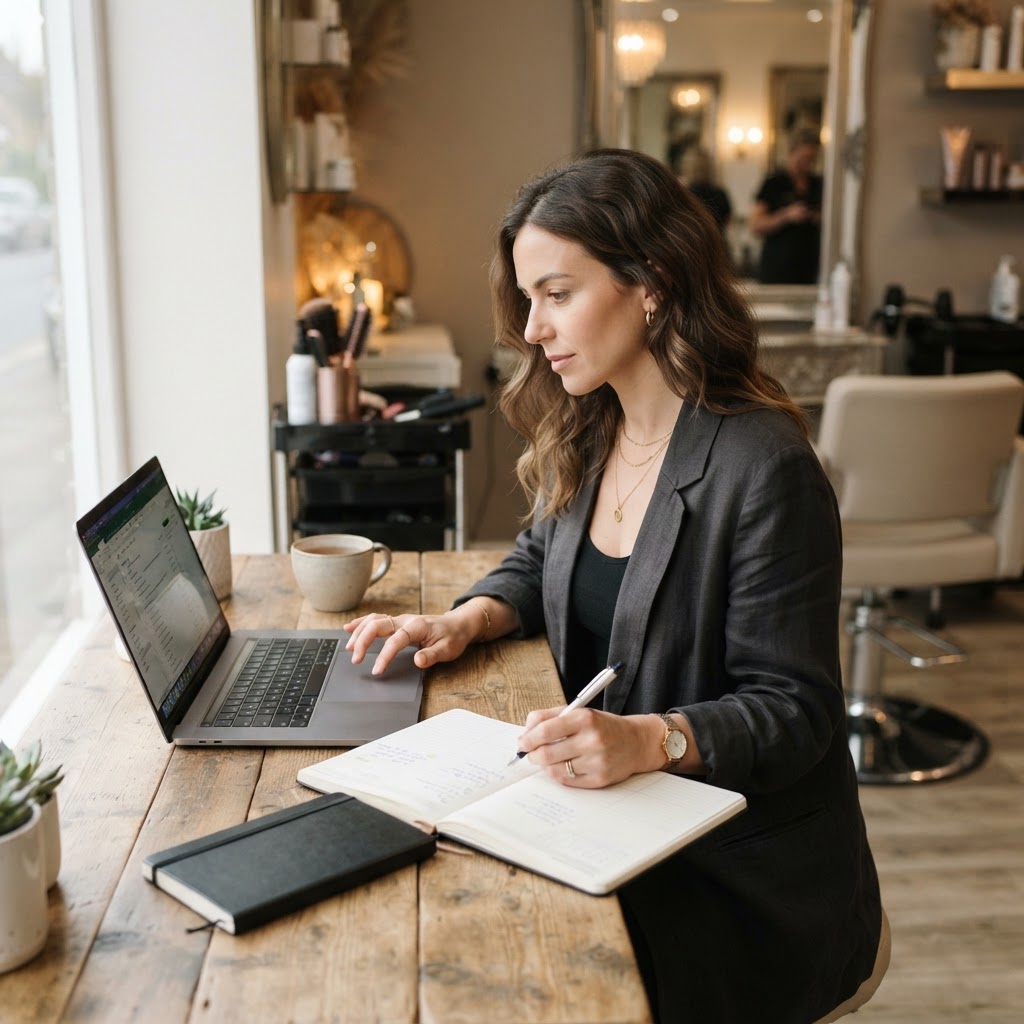 Beauty business owner working through a digital business resource