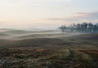 Serene rolling Ohio farmland at dawn with a distant fence line and soft mist