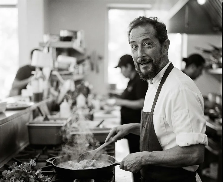 El Chef Oscar Franco cocinando chicharrón en salsa verde en la cocina de su restaurante