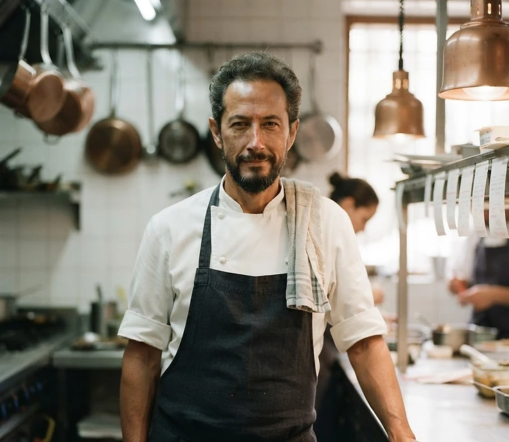 El Chef Oscar Franco en la cocina de su restaurante, con filipina y mandil