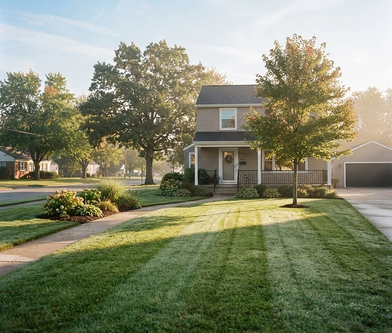 Ordinary suburban home with a well-kept green lawn at morning