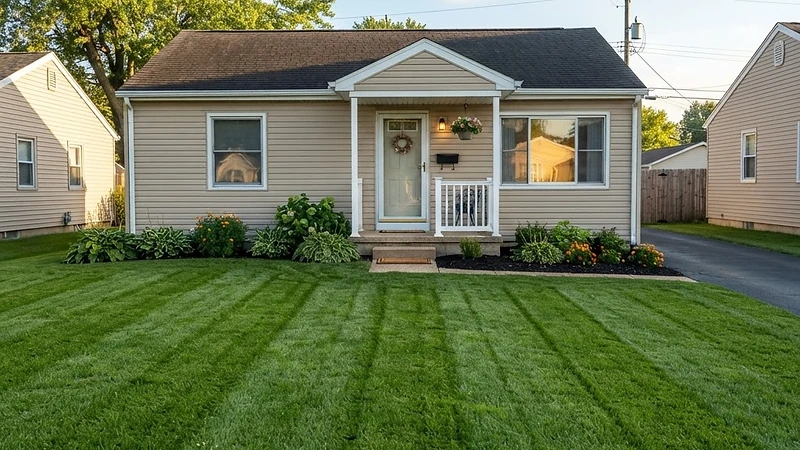 Same suburban home with lush green lawn after care