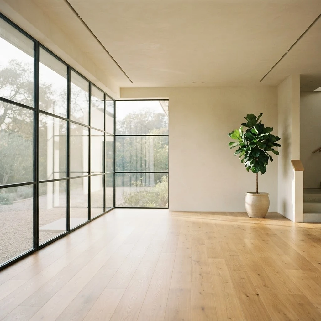 A sun-drenched minimalist architectural space with a single plant