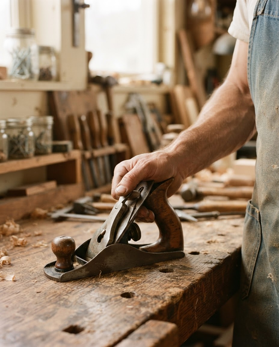 A craftsperson's hand closing around a tool in a sunlit workshop