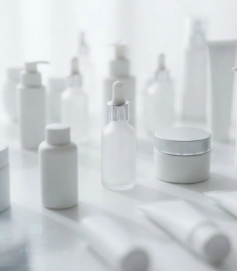 Unbranded frosted glass white label products with AI grid overlay – WhiteLabels.AI