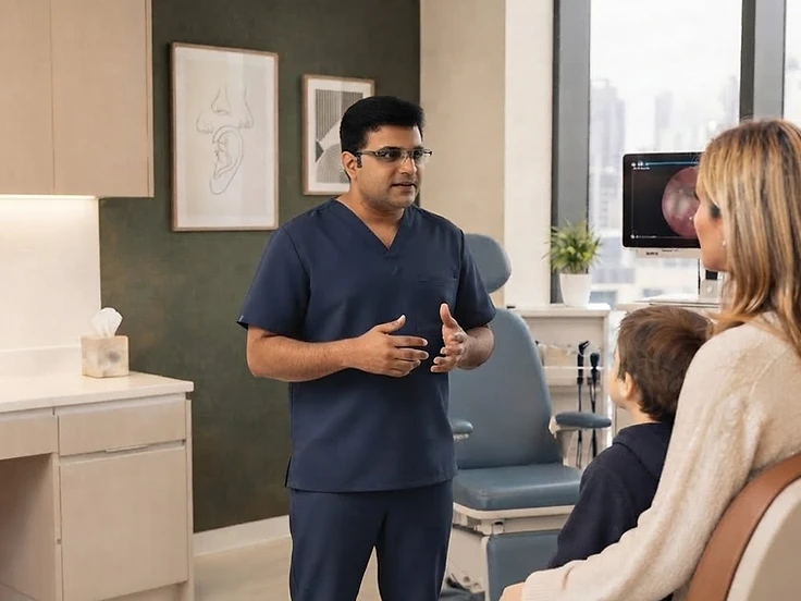 Dr. Jathin Sam Thekkethil speaking with a parent and child in his clinic